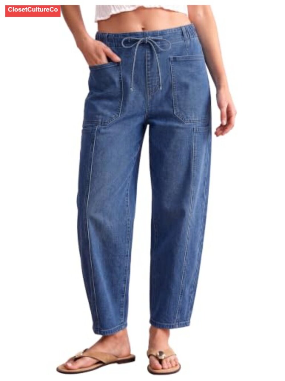 High Waisted Barrel Jeans Pull On Drawstring Elastic Waist Stretch Denim
